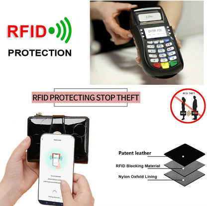 HOTFashionable genuine leather women's wallet, multiple card slots, short three fold style, zipper and snap closure, RFID shielding protection credit card clip, foldable wallet (Black)