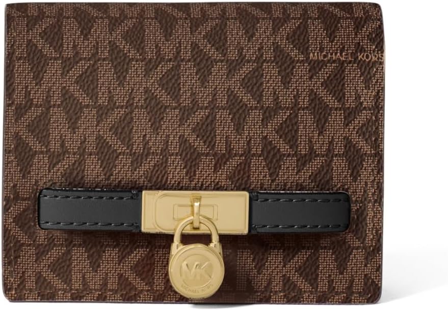 HOTMichael Kors Hamilton Small Compact Wallet, Gold-Tone Hardware/MK Signature Coated Twill/Brown/Black