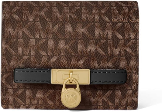 HOTMichael Kors Hamilton Small Compact Wallet, Gold-Tone Hardware/MK Signature Coated Twill/Brown/Black