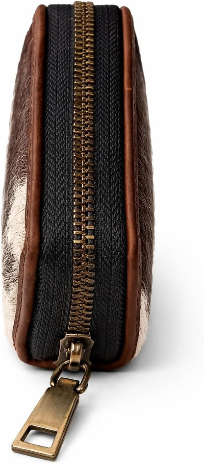 HOTESS RFID Cowhide Leather Wallet Women Small Zip Accordion Card Holder | Hair-On Leather Compact Organizer with Coin Pocket Secure Zipper (11 x 7.5 cm) Stylish Gift Pouch Minimal Everyday Carry
