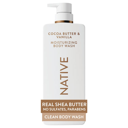 HOTNative Moisturizing Body Wash, Clean & Gentle 24-Hour Hydration with Shea Butter, for Sensitive and Dry Skin, for Women & Men, Sulfate-free, Paraben-free, Cocoa Butter & Vanilla, 22 fl oz