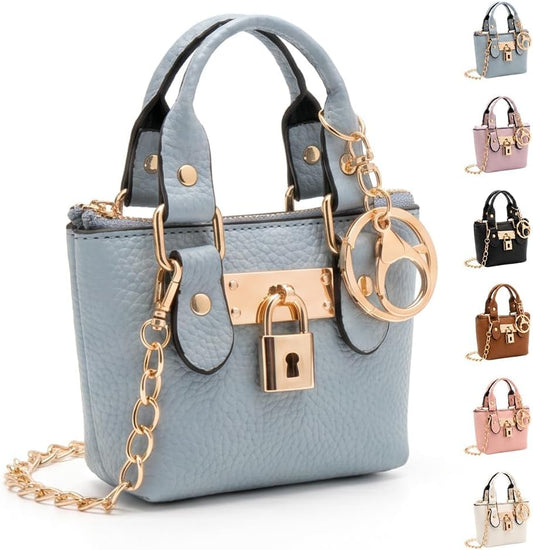 HOTMini Tote Purse Keychain, Cute Tote Bag Coin Purse, Mini Backpack Keychain Wallet PU Leather (Blue)