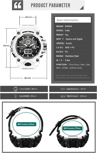 HOTKXAITO Men's Watches Sports Outdoor Waterproof Military Wrist Watch Date Multi Function Tactics LED Alarm Stopwatch
