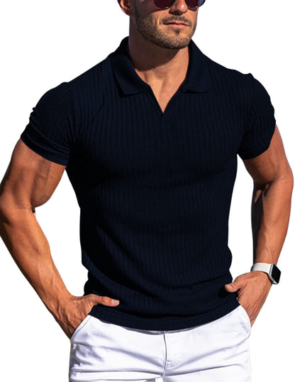 HOTMen's Muscle V Neck Polo Shirts Slim Fit Short Long Sleeve Cotton Golf T-Shirts Ribbed Knit Soft Tees