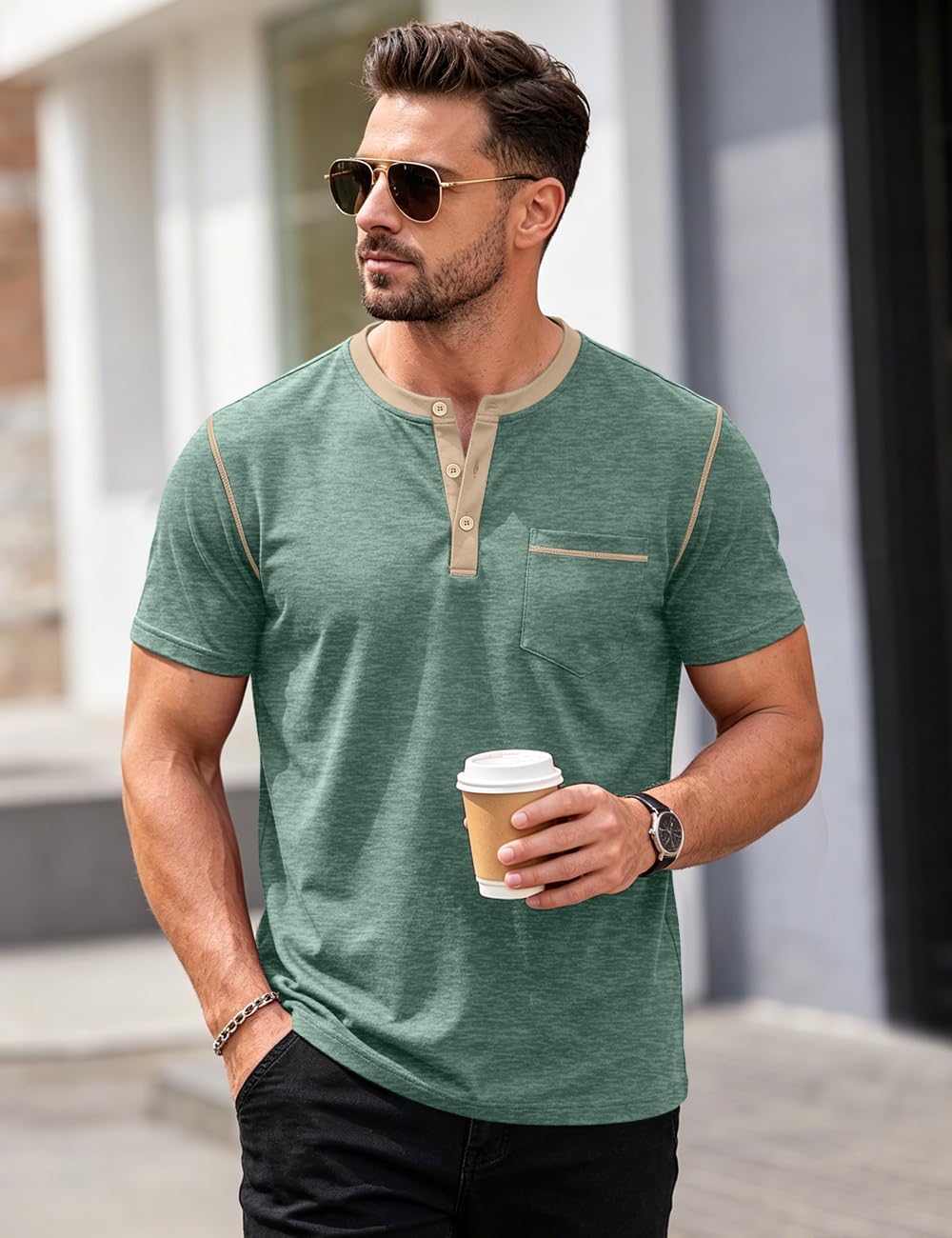 HOTMen's Henley Shirt Casual Button Short Sleeve T-Shirt Summer Patchwork Color Block Tee Shirts
