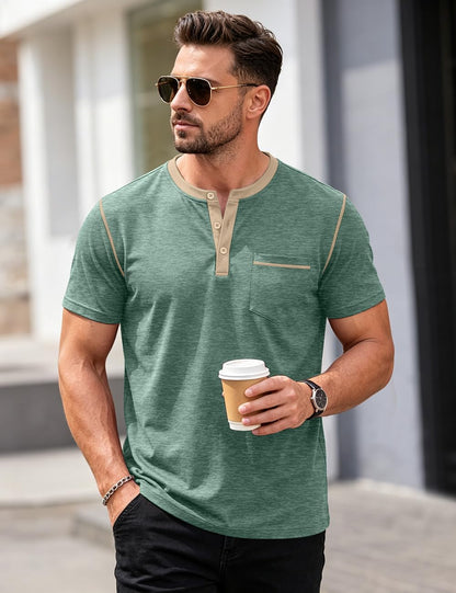 HOTMen's Henley Shirt Casual Button Short Sleeve T-Shirt Summer Patchwork Color Block Tee Shirts
