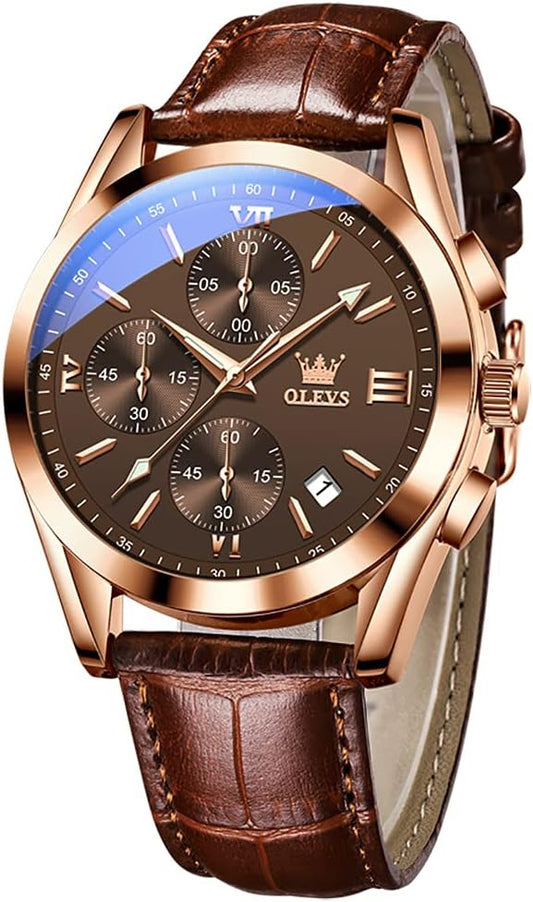 HOTOLEVS Men's Casual Leather Watch, Big Face Chronograph Watch for Men, Fashion Easy to Read Dress Watch, Men's Waterproof Luminous Date Analog Watch, Gold/Black/White/Blue Dial