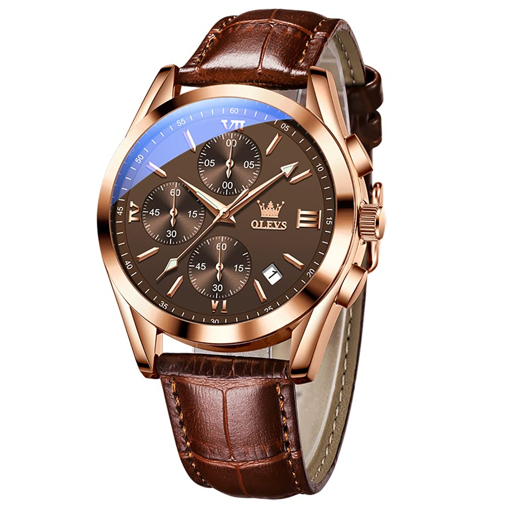 HOTOLEVS Men's Casual Leather Watch, Big Face Chronograph Watch for Men, Fashion Easy to Read Dress Watch, Men's Waterproof Luminous Date Analog Watch, Gold/Black/White/Blue Dial