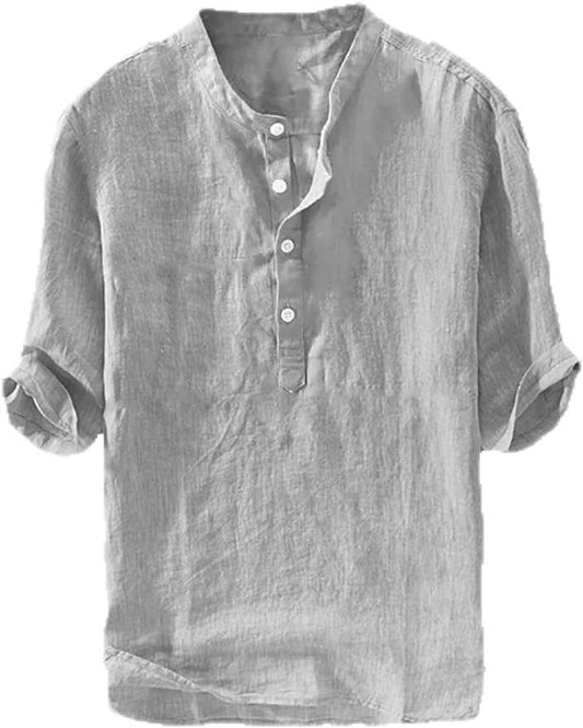 HOTRyannology Mens Linen Shirts Casual Cotton 3/4 Sleeve Regular-Fit Henley T-Shirt Summer Lightweight Beach Yoga Tops