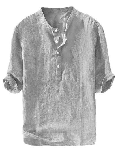 HOTRyannology Mens Linen Shirts Casual Cotton 3/4 Sleeve Regular-Fit Henley T-Shirt Summer Lightweight Beach Yoga Tops