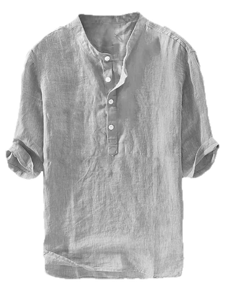 HOTRyannology Mens Linen Shirts Casual Cotton 3/4 Sleeve Regular-Fit Henley T-Shirt Summer Lightweight Beach Yoga Tops