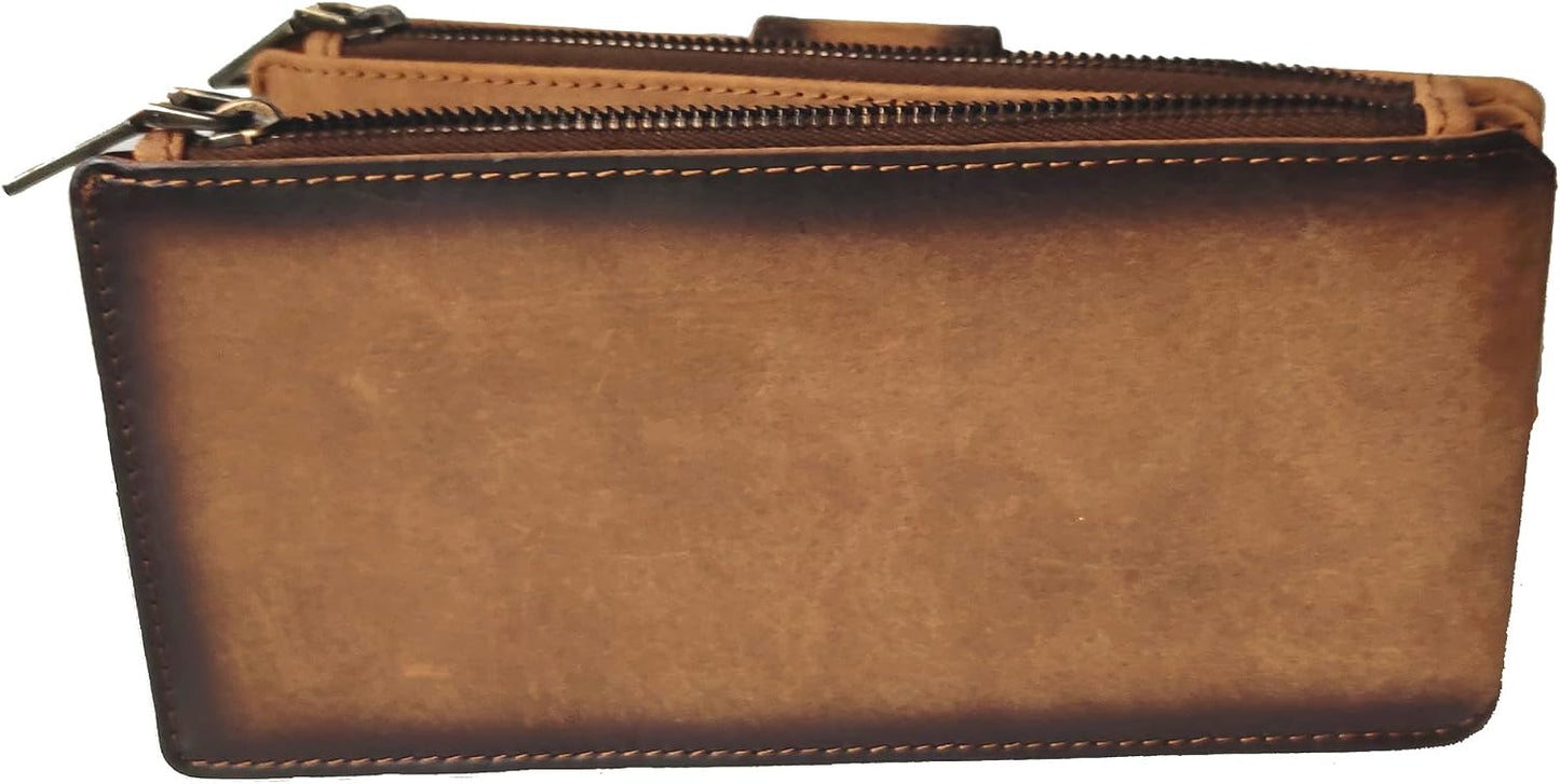 HOTESS RFID Blocking Leather Wallet for Women Slim Bifold Card Holder | - Double Zipper Money Organizer with 43 Card Slots, Passport Pocket, iPhone Storage, ID Window, Travel Wallet Brown