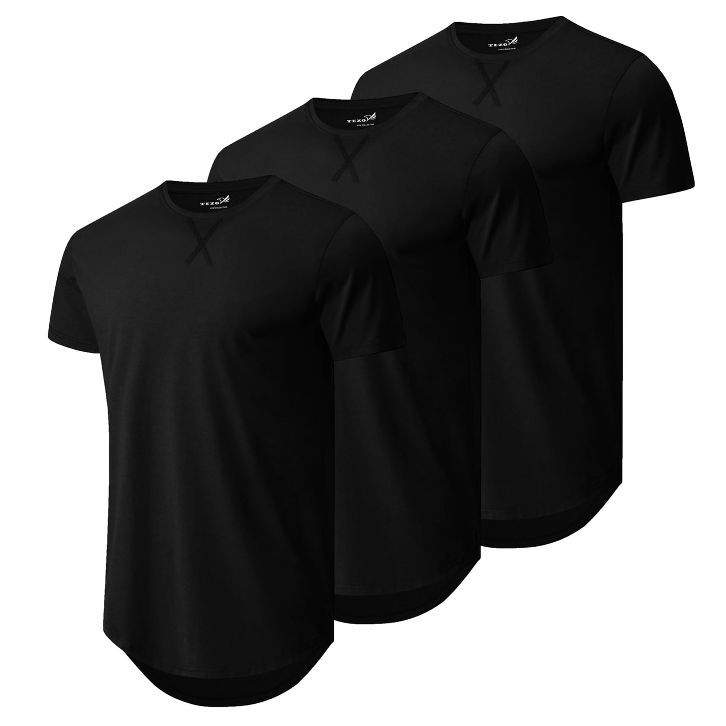 HOTMens 3 Pack Plain Cotton Shirts Short Sleeve Casual Crew Neck T-Shirts Hipster Hip Hop Longline Tees Drop Cut Curved Hem