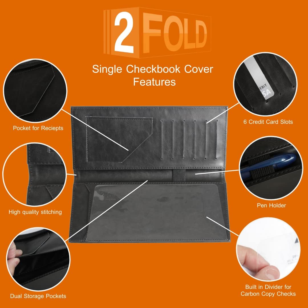 HOT2Fold Business Size and Travelers Check Large Checkbook Cover for Side and Top Tear Checks - Synthetic Leather Feel Check Book Cover with Built in Duplicate Check Sleeve and Pockets - Black