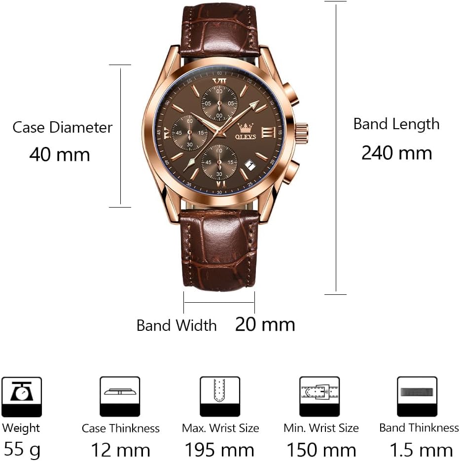 HOTOLEVS Men's Casual Leather Watch, Big Face Chronograph Watch for Men, Fashion Easy to Read Dress Watch, Men's Waterproof Luminous Date Analog Watch, Gold/Black/White/Blue Dial