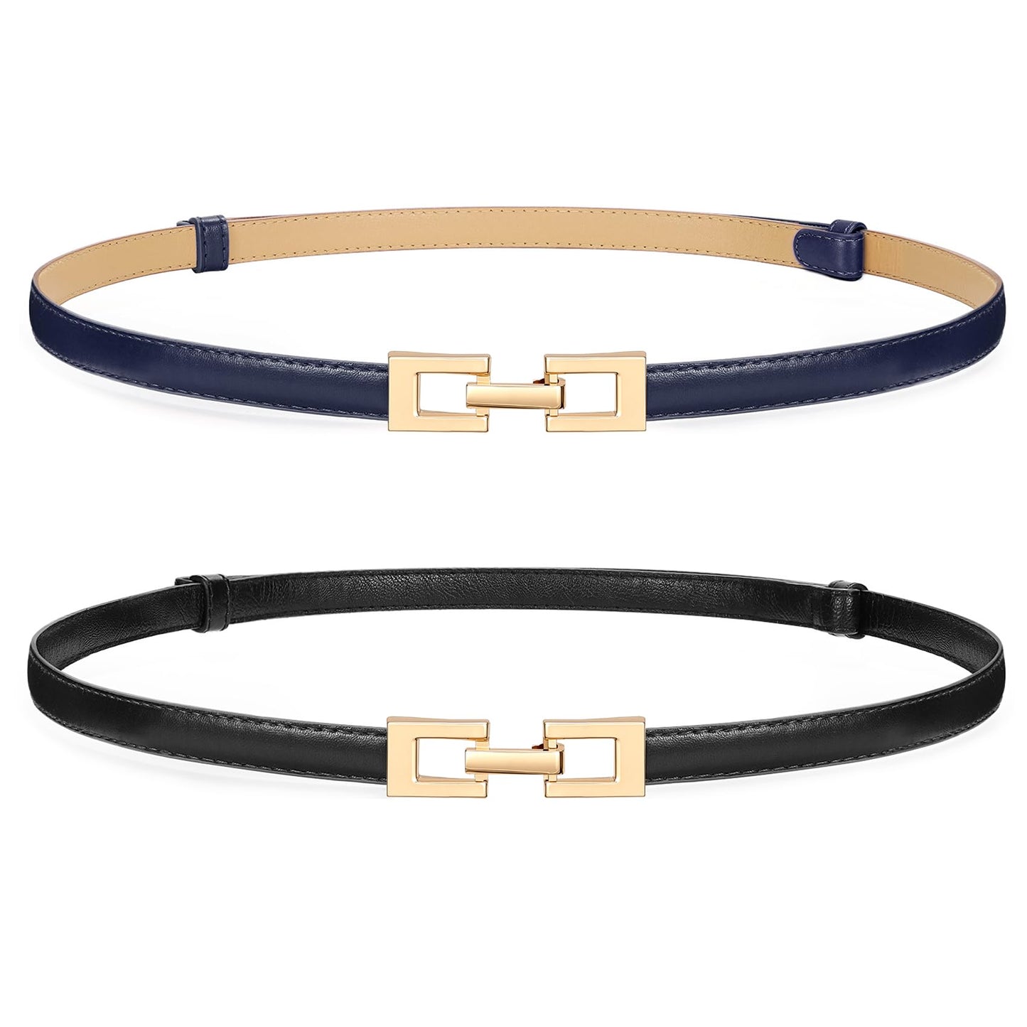 HOTWERFORU 2 Pack Women Skinny Belt Thin Waist Belt for Pants Leather Belt with Gold Buckle for Jeans Dress,0.6" width