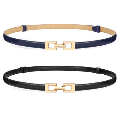 HOTWERFORU 2 Pack Women Skinny Belt Thin Waist Belt for Pants Leather Belt with Gold Buckle for Jeans Dress,0.6" width