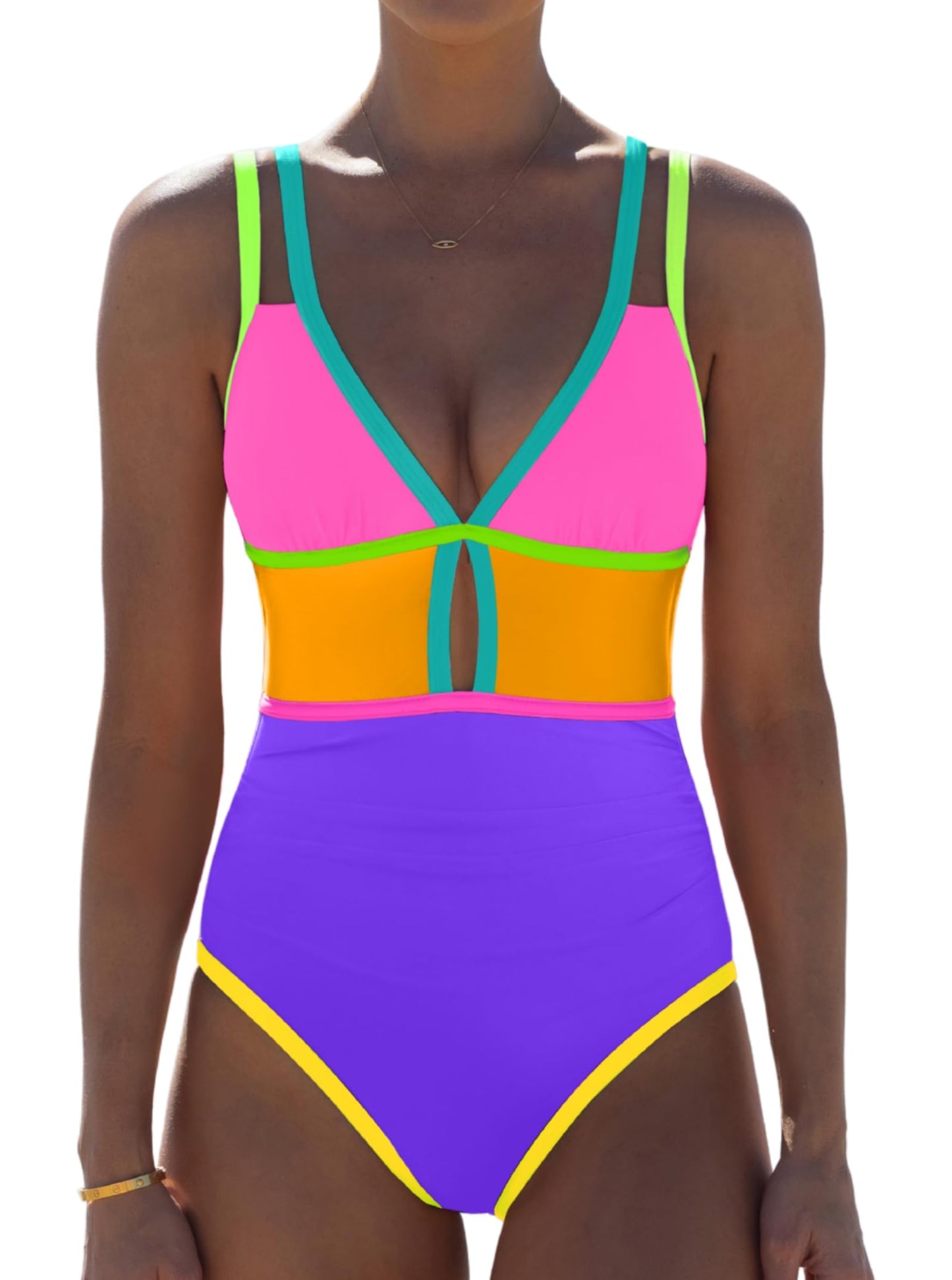 HOTpopvil Women One Piece Swimsuit 2026 Neon Tummy Control Bathing Suit | Tummy Ruched Design, Color Block, Cutout Design, Deep V Neck, Back tie,Adjustable Straps, Neon Trim,Vacation,Beach