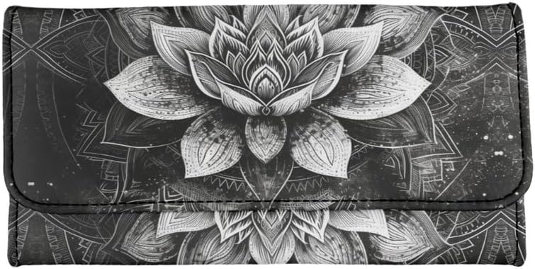HOTLotus Mandala Women PU Leather Tri-fold Wallets Black And White Sketch Flower Zipper Pocket Buckle Money Manager Starry Sky Tall Billfold Secretary Cash Wallet