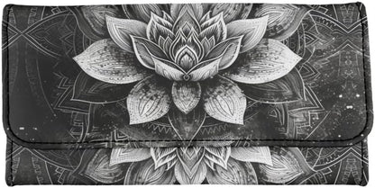 HOTLotus Mandala Women PU Leather Tri-fold Wallets Black And White Sketch Flower Zipper Pocket Buckle Money Manager Starry Sky Tall Billfold Secretary Cash Wallet