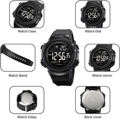 HOTIJAHWRS Mens Digital Watch Sports Outdoor Chronograph Wrist Watches for Men with LED Back Ligh/Alarm/Date Black