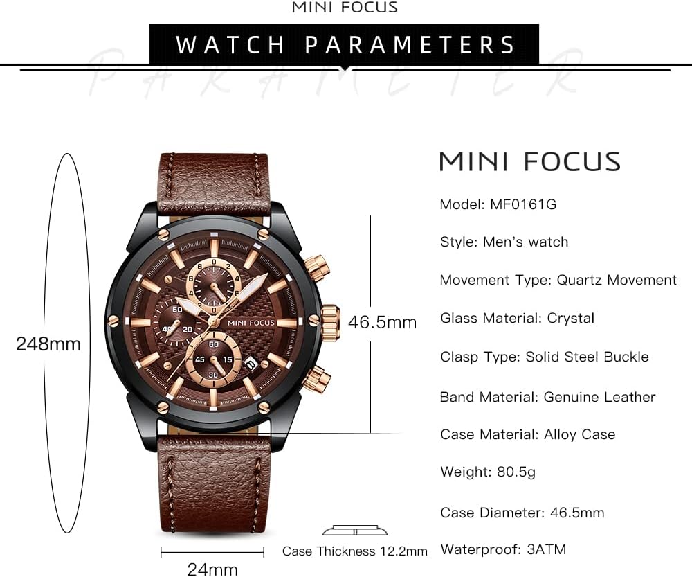 HOTMF MINI FOCUS Men Watches Business Casual Wrist Watches (Multifunction/Waterproof/Luminous/Calendar) Genuine Leather Band Fashion Watch for Men