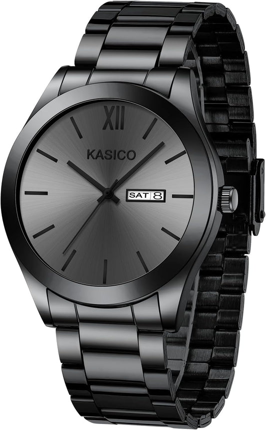 HOTKASICO Men's Watches Analog Dress Watch Minimalist Casual Classic Relojes para Hombres with Day-Date Display Stainless Steel Band Gift for Him (Black Gold Silver Blue)