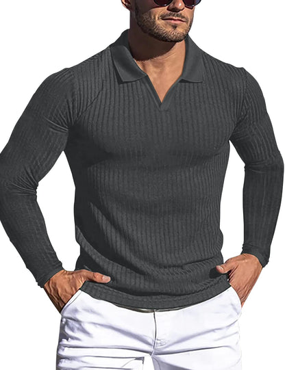 HOTMen's Muscle V Neck Polo Shirts Slim Fit Short Long Sleeve Cotton Golf T-Shirts Ribbed Knit Soft Tees