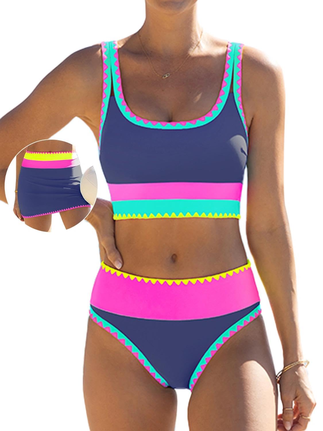 HOTpopvil High Waisted Bikini Sets for Women Tummy Control Swimsuits 3 Piece Bathing Suits Neon Swimwear with Skirt 2026