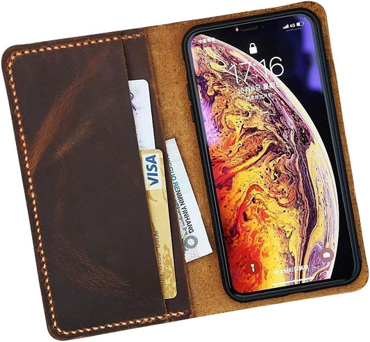 HOTDistressed vintage brown leather wallet case for iPhone 17 16 15 14 13 Pro Max/real leather Wallet Case Compatible with iPhone 17 16 15 14 Plus -IP005W