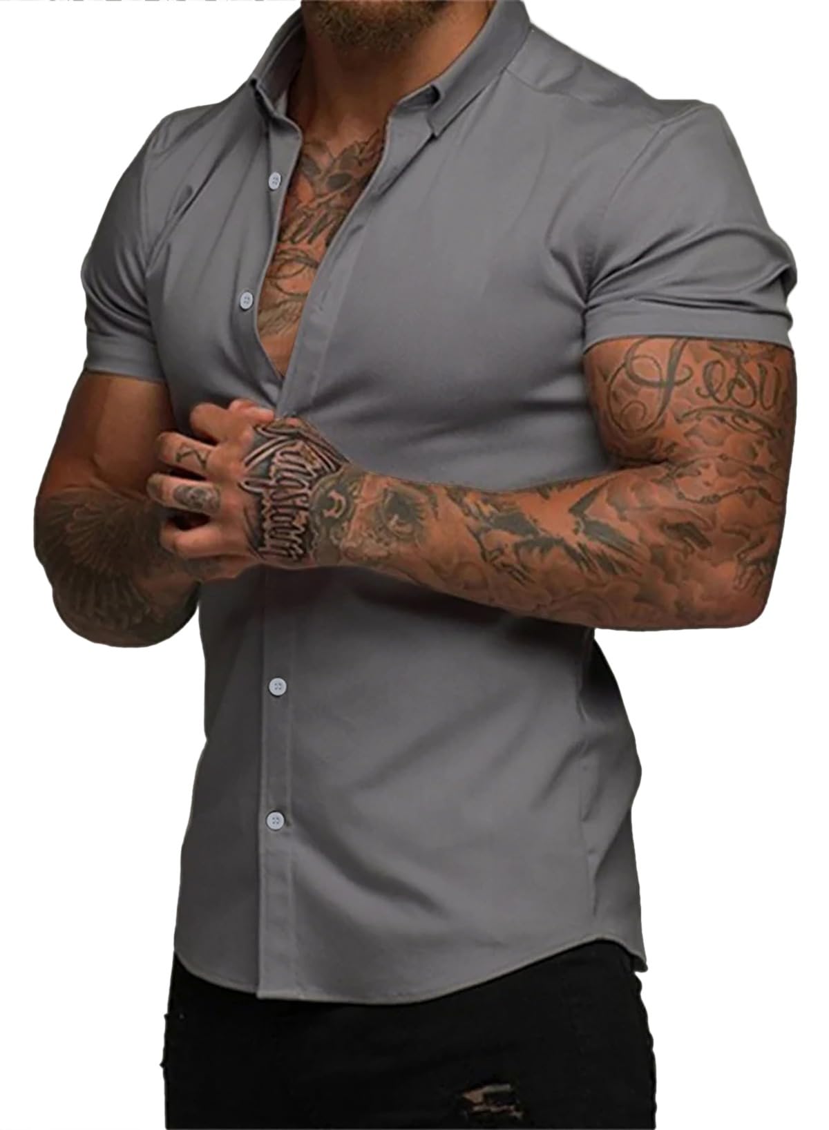 HOTJMIERR Men's Muscle Fit High Stretch Wrinkle-Free Button Down Dress Shirts Summer Casual Short Sleeve Shirt