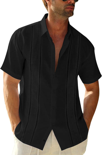 HOTRuncati Mens Short Sleeve Guayabera Shirts Linen Button Down Cuban Shirt | Cotton blend, Mexican style, Button up, Embroidered, Loose fit, Barong tagalog, Bowling shirts, for Summer Beach, Wedding