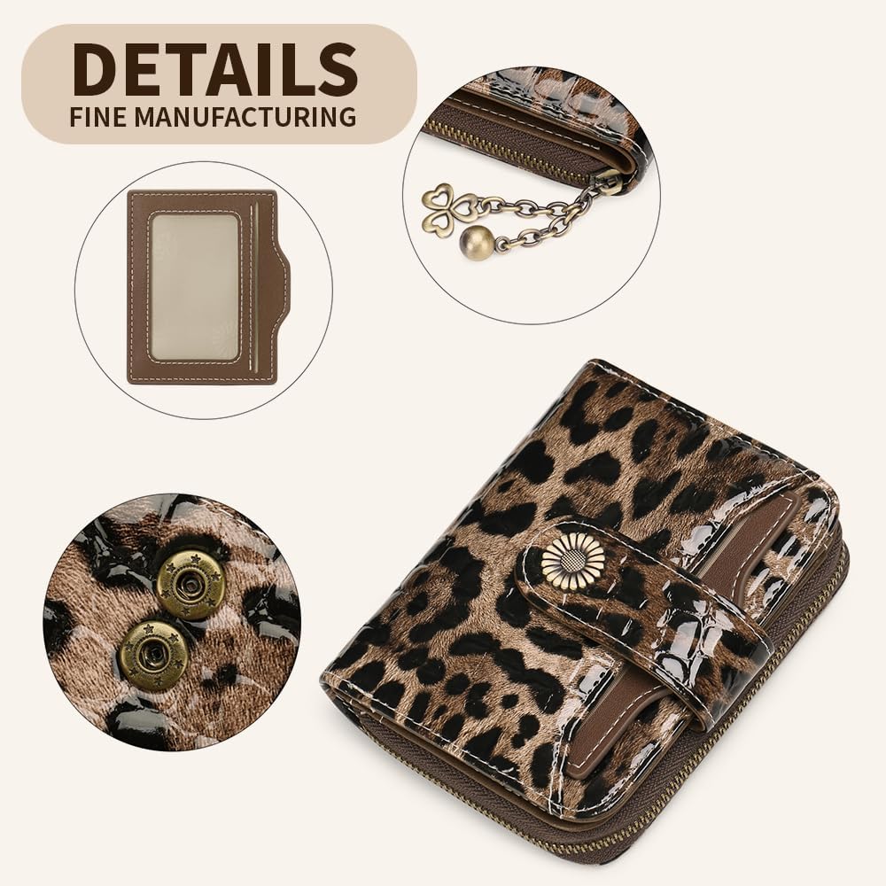 HOTWallet Women RFID Blocking Leather with Zipper Coin Pocket, Compact Small Wallet with Cash Section,8 Credit Card Holder,2 ID Window (Leopard)