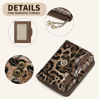 HOTWallet Women RFID Blocking Leather with Zipper Coin Pocket, Compact Small Wallet with Cash Section,8 Credit Card Holder,2 ID Window (Leopard)