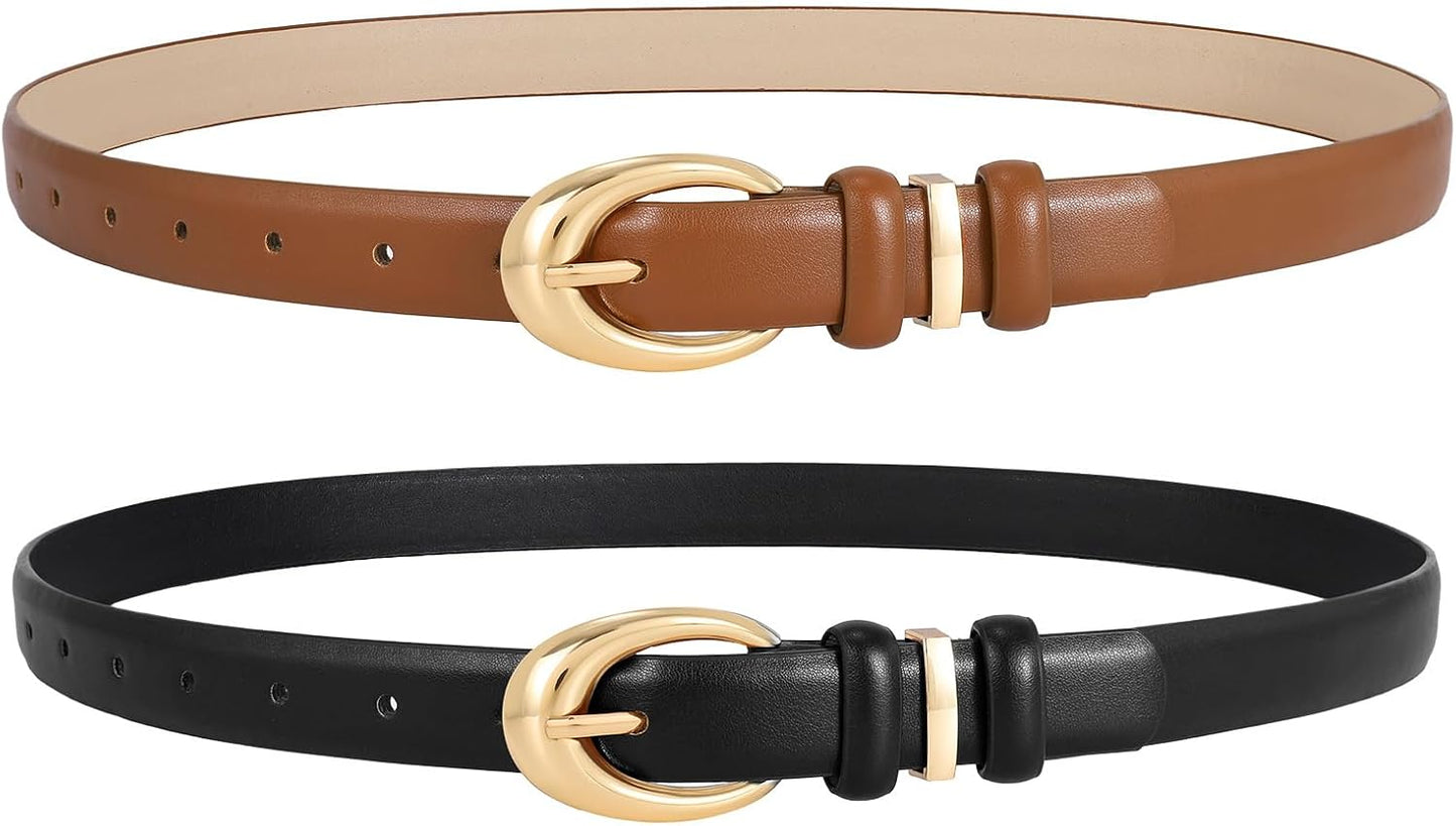 HOT2 Pack Women Leather Belts for Jeans Dress Fashion Ladies Belt with Gold Silver Buckle