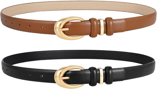 HOT2 Pack Women Leather Belts for Jeans Dress Fashion Ladies Belt with Gold Silver Buckle