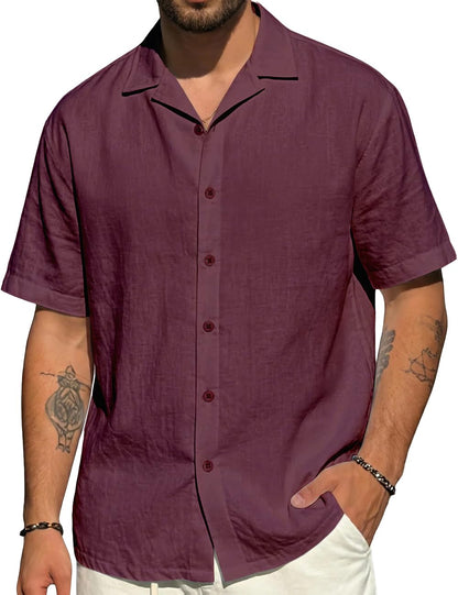 HOTMens Cotton Linen Shirt Casual Lightweight Button Down Shirt Short Sleeve Summer Beach Vacation Tops