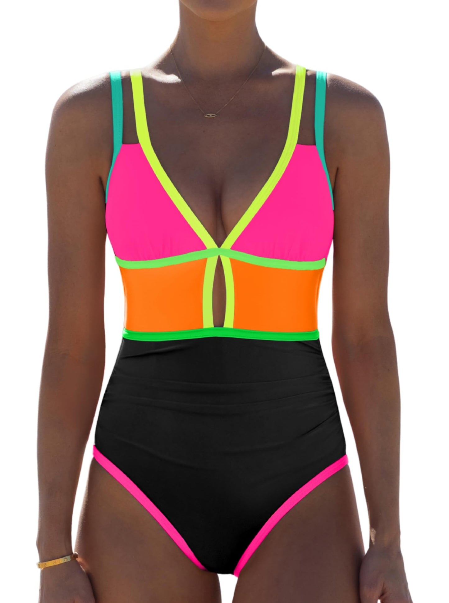 HOTpopvil Women One Piece Swimsuit 2026 Neon Tummy Control Bathing Suit | Tummy Ruched Design, Color Block, Cutout Design, Deep V Neck, Back tie,Adjustable Straps, Neon Trim,Vacation,Beach