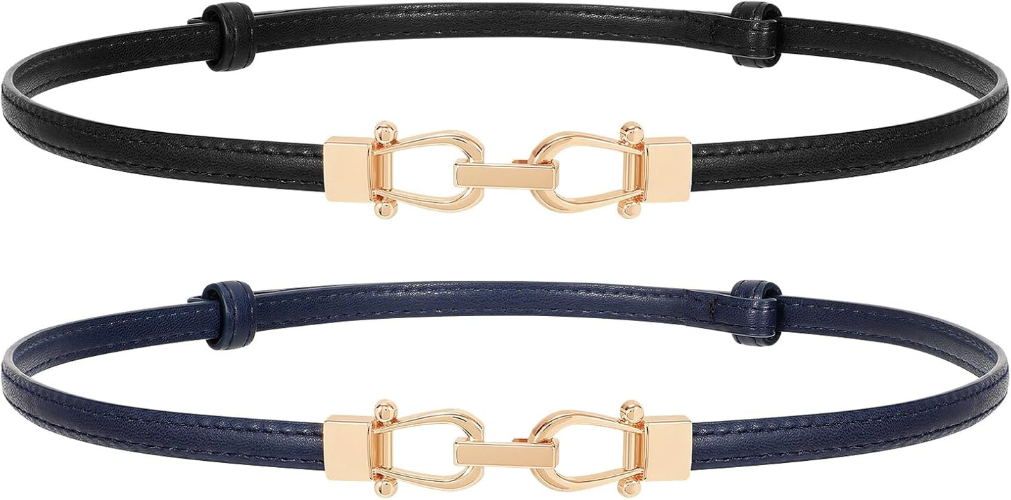 HOTJASGOOD Leather Skinny Belts for Women Plus Size Ladies Thin Waist Belts Adjustable for Jeans Pants Dresses with Gold Buckle