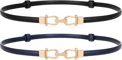 HOTJASGOOD Leather Skinny Belts for Women Plus Size Ladies Thin Waist Belts Adjustable for Jeans Pants Dresses with Gold Buckle