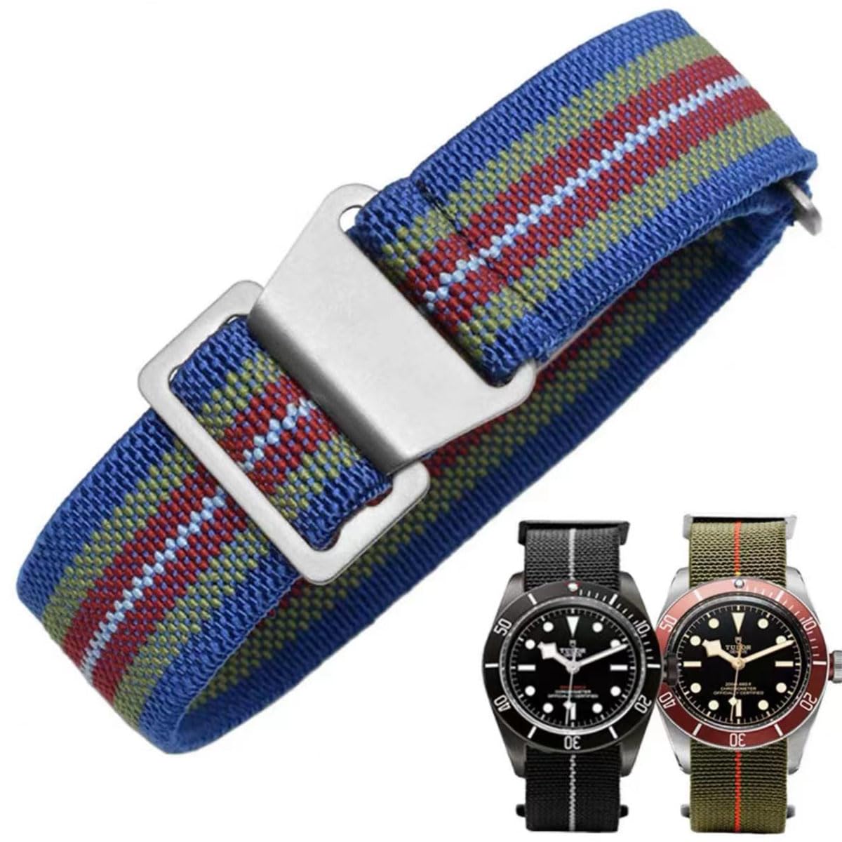 HOTFrench Troops Paratrooper Watchband,Military Elastic Nylon Watch Strap with Hook-and-Loop for Men Women Silver & Black Buckle 18/20/22mm