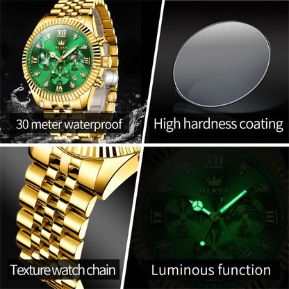 HOTOLEVS Gold Watches for Men Luxury Dress Green Big Face Stainless Steel Analog Quartz Mens Watch Wrist Waterproof Fashion Chronograph Moon Phase Luminous Mens Watches Relojes para Hombres