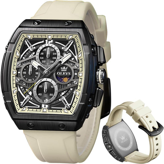 HOTOLEVS Men Watches Business Dress Chronograph Big Square Quartz Analog Male Watch Silicone Strap Waterproof Date Gift Mens Wrsit Watch Silver