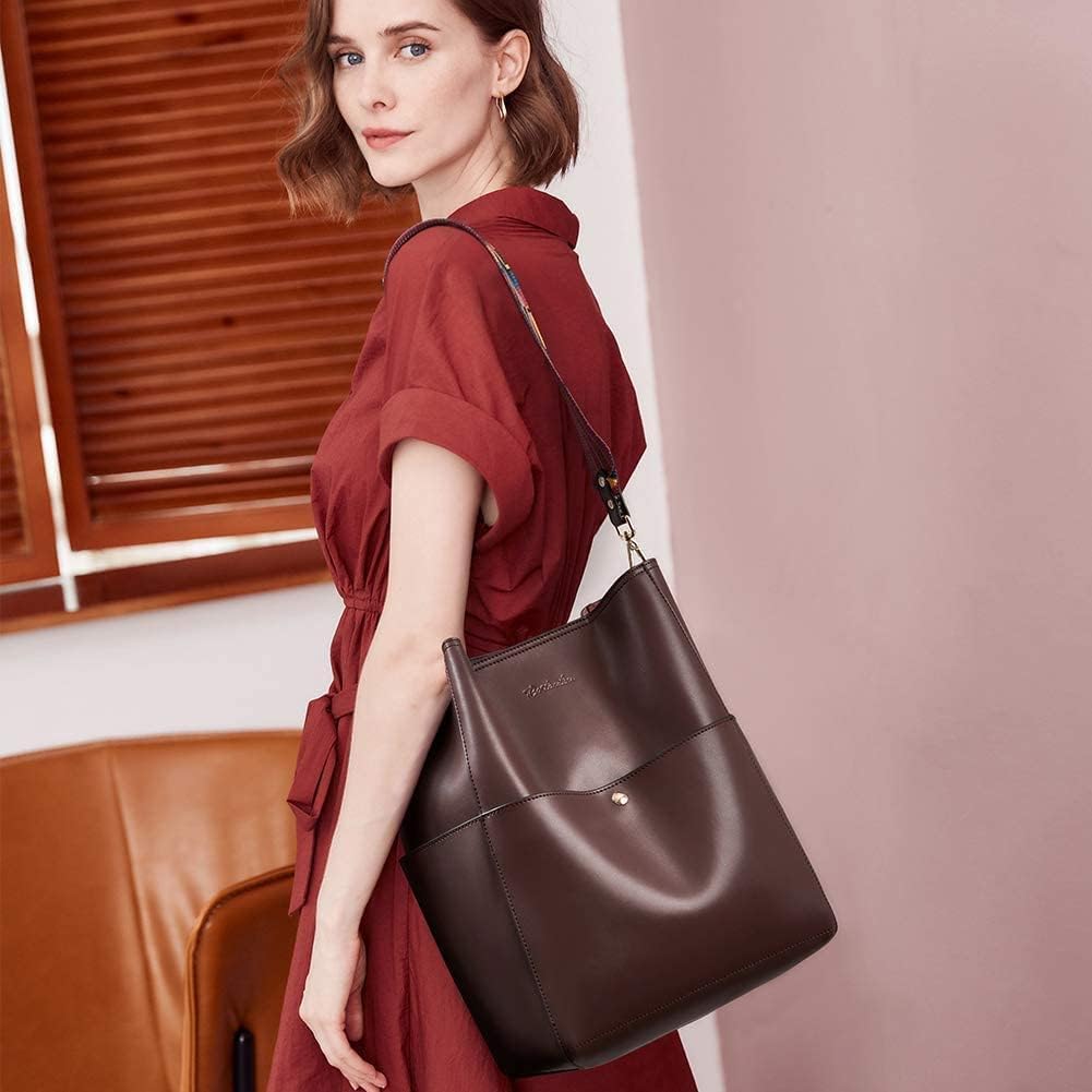 HOTBOSTANTEN Women's Leather Designer Handbags Tote Purses Shoulder Bucket Bags and Leather Wallet RFID Blocking Small Bifold Zipper Pocket Wallet Card Case Bundle