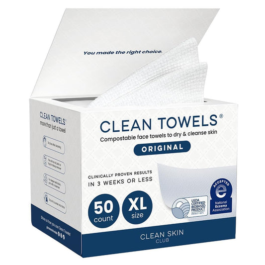 HOTClean Skin Club Clean Towels XL®, 100% USDA Biobased Face Towel, Disposable Face Towelette, Eczema Association Accepted, Makeup Remover Dry Wipes, Ultra Soft, 1 Pack, 50 Ct