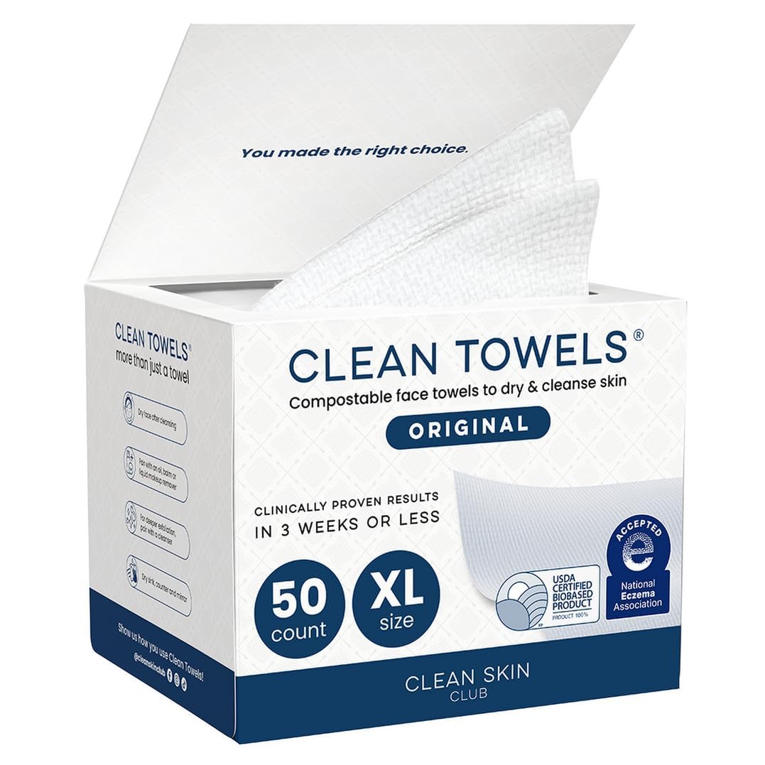 HOTClean Skin Club Clean Towels XL®, 100% USDA Biobased Face Towel, Disposable Face Towelette, Eczema Association Accepted, Makeup Remover Dry Wipes, Ultra Soft, 50 ct per pack, 2 Packs, 100 Ct Total