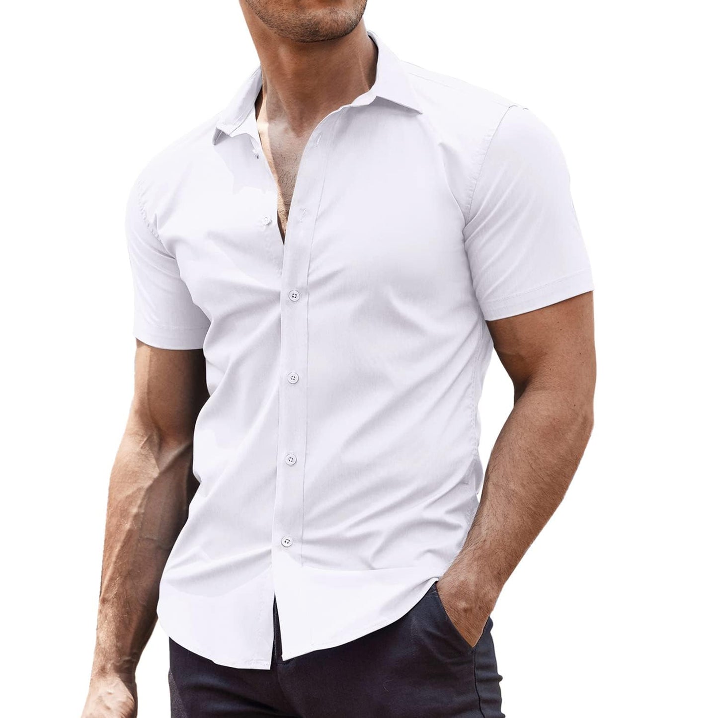 HOTCOOFANDY Men's Muscle Fit Dress Shirts Wrinkle-Free Short Sleeve Casual Button Down Shirt