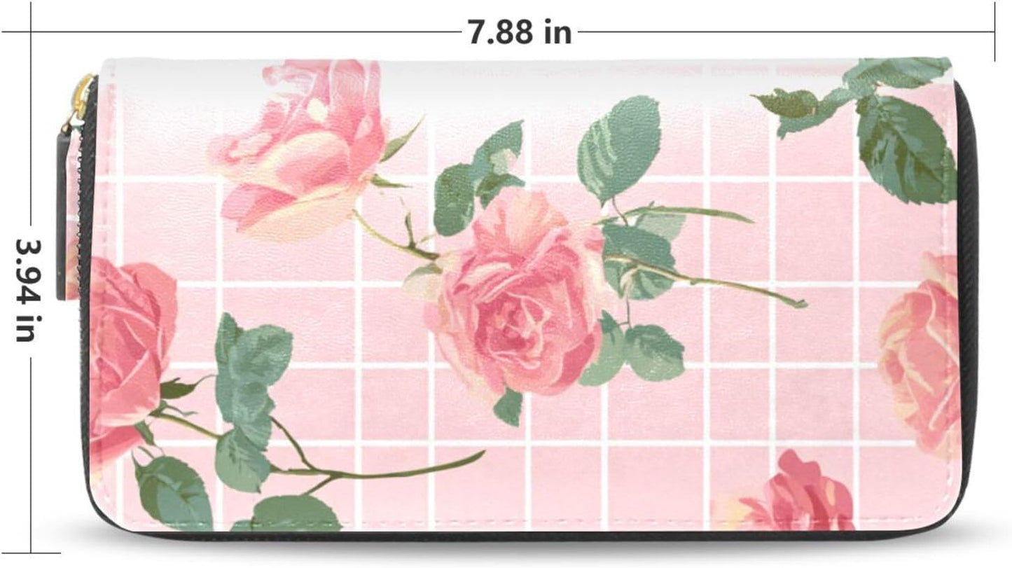 HOTWomens Long Leather Wallet Zip Around Clutch Purse Large Capacity Card Holder Organizer Pink Grid Roses