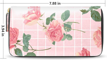 HOTWomens Long Leather Wallet Zip Around Clutch Purse Large Capacity Card Holder Organizer Pink Grid Roses