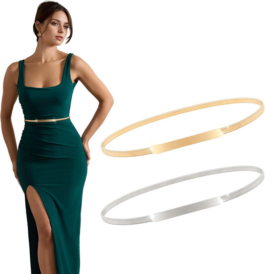 HOTXZQTIVE 2 Pieces Women Skinny Metal Chain Waist Belt Stretchy Saree Cinch Belt for Dress Gold Sliver